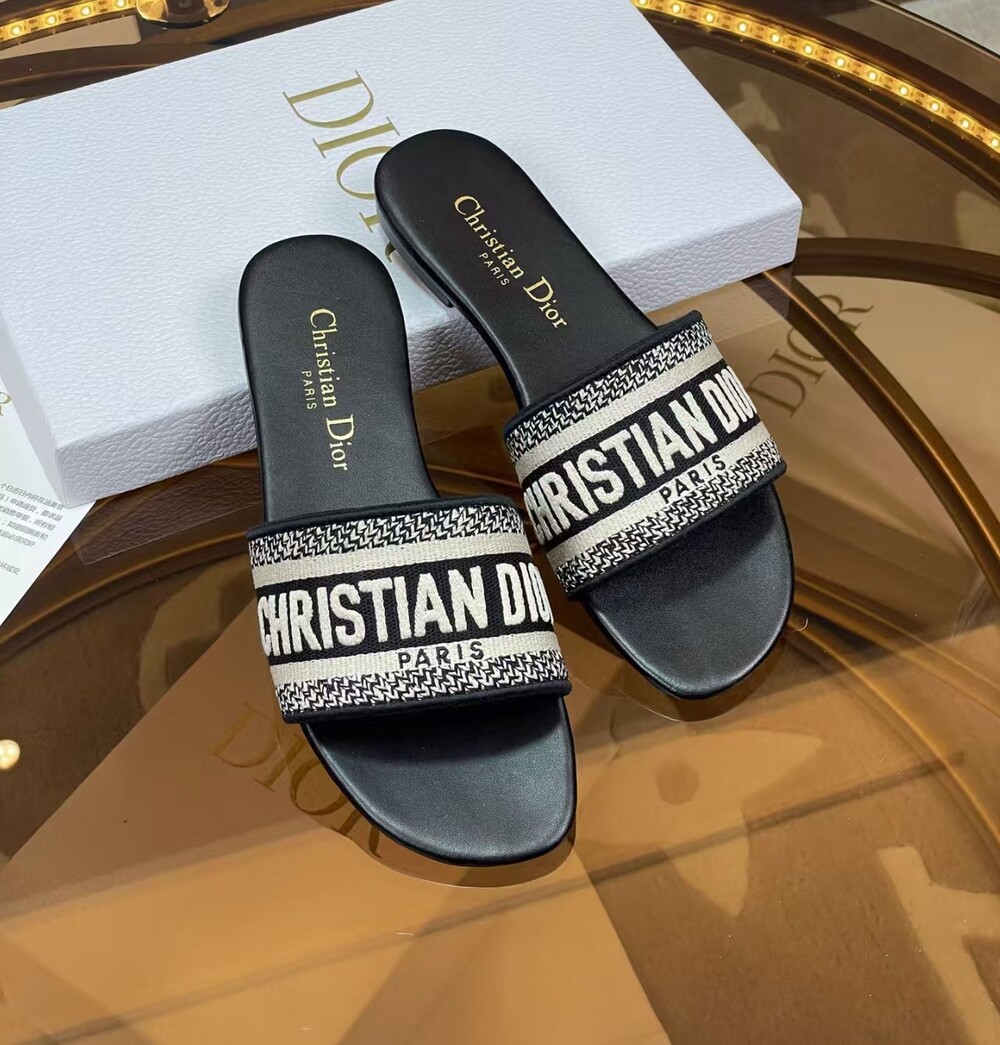 Dior Black Leather Logo Strap Slide Sandals